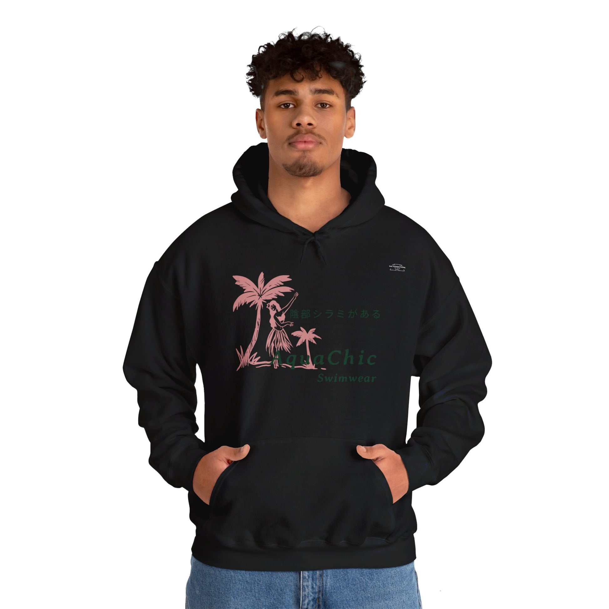 Japanese "I have genital lice" (Crabs), Pink Hula Hawaiian Lady - Unisex Heavy Blend Hoodie - Rude Translation Clothing