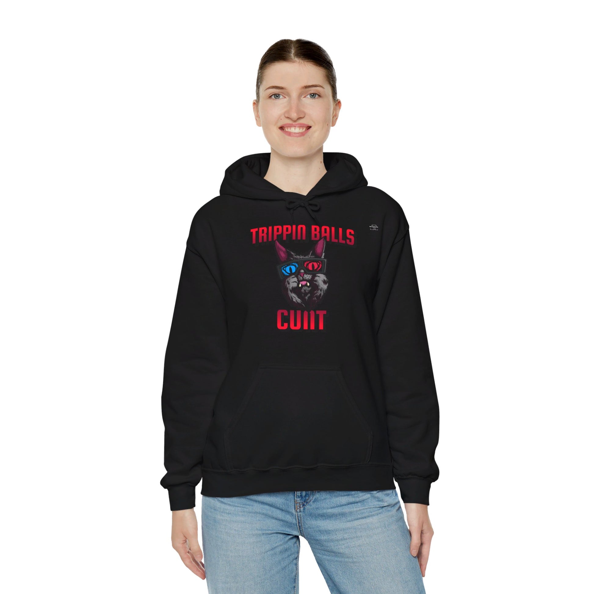 English 'Trippin balls cunt', 3D Glasses Cat - Unisex Heavy Blend Hoodie - Rude Translation Clothing