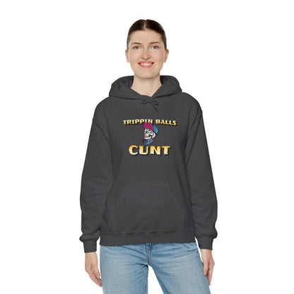 English 'Trippin balls cunt', Skull wearing cap - Unisex Heavy Blend Hoodie - Rude Translation Clothing