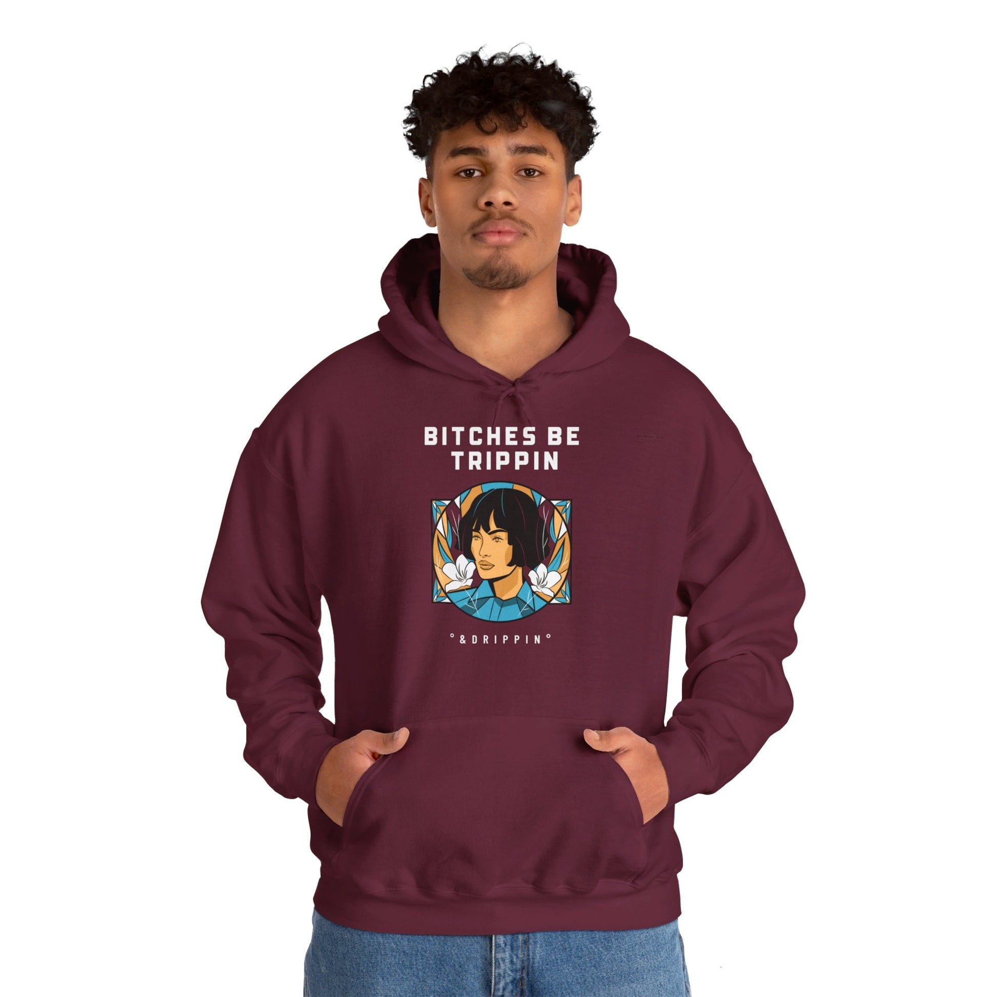 English 'Bitches be trippin & drippin', Woman Short Black Hair - Unisex Heavy Blend Hoodie - Rude Translation Clothing