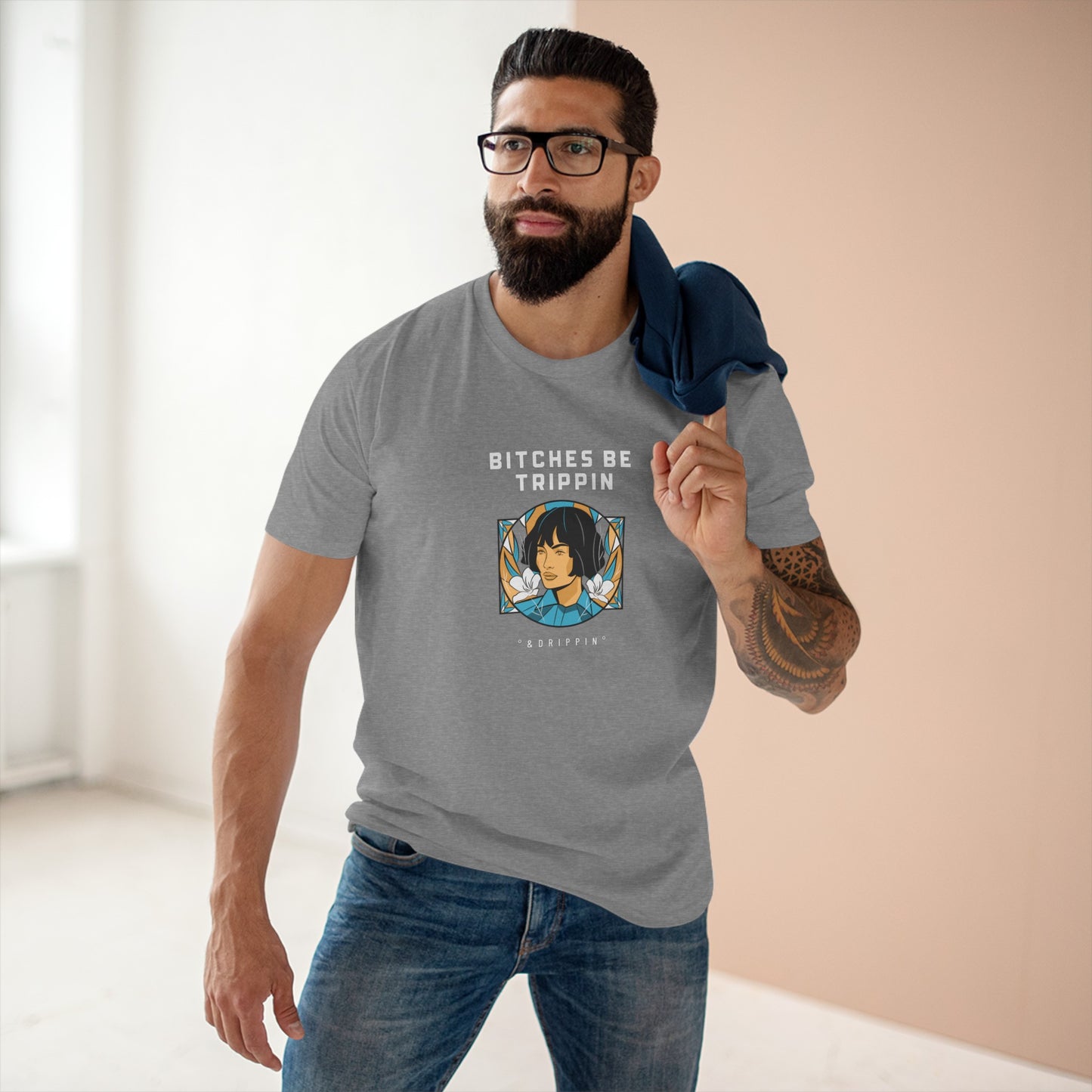 Short hair - Men's Staple Tee, English 'Bitches be trippin & drippin' - Rude Translation Clothing