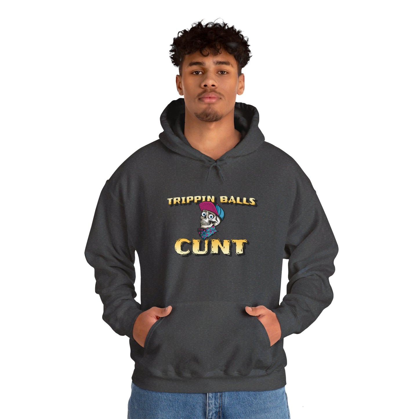 English 'Trippin balls cunt', Skull wearing cap - Unisex Heavy Blend Hoodie - Rude Translation Clothing