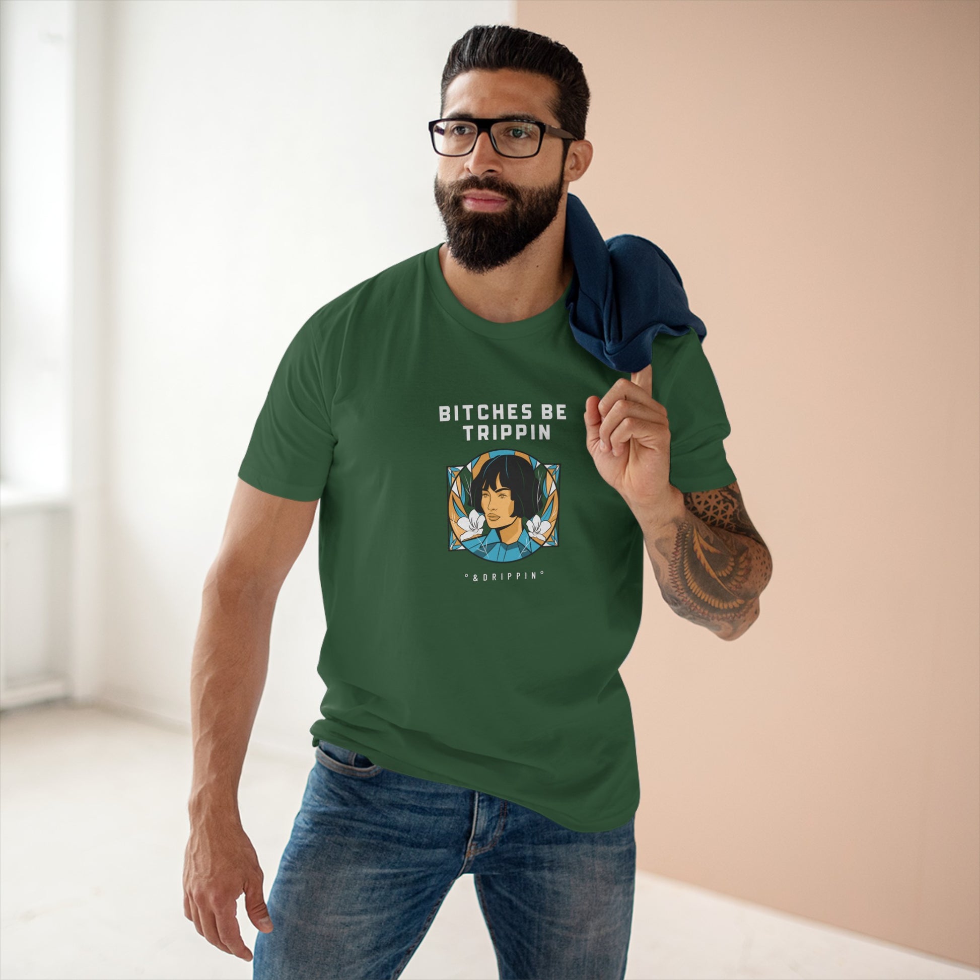 Short hair - Men's Staple Tee, English 'Bitches be trippin & drippin' - Rude Translation Clothing