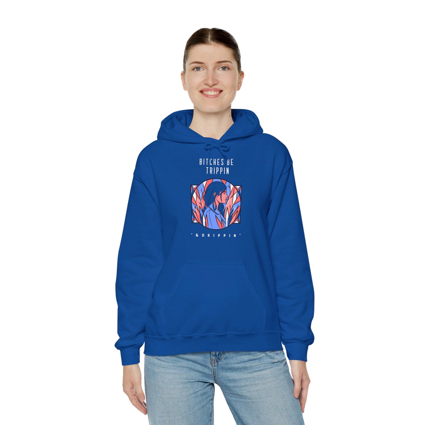 English 'Bitches be trippin & drippin', Woman Blue Leaves - Unisex Heavy Blend Hoodie - Rude Translation Clothing