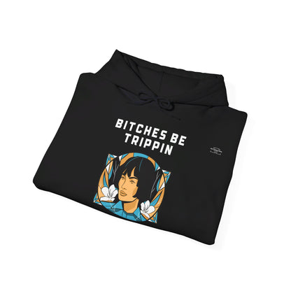 English 'Bitches be trippin & drippin', Woman Short Black Hair - Unisex Heavy Blend Hoodie - Rude Translation Clothing