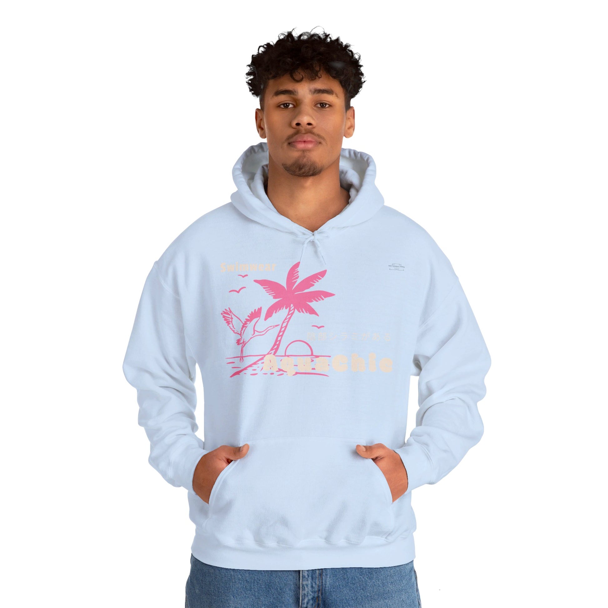 Japanese "I have genital lice" (Crabs), Pink Palm Tree Stork - Unisex Heavy Blend Hoodie - Rude Translation Clothing