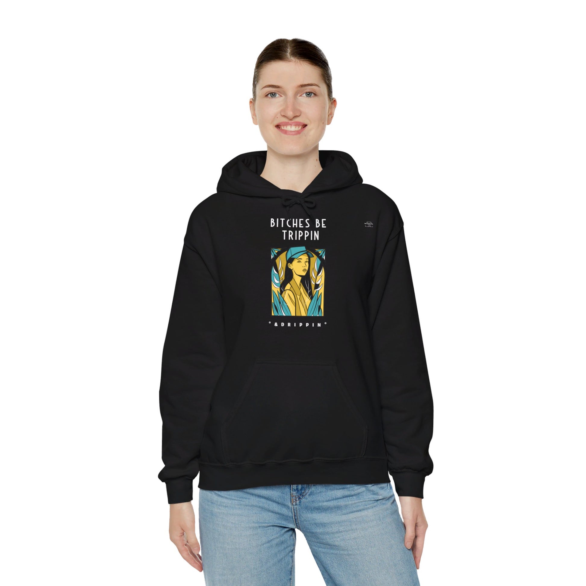 English 'Bitches be trippin & drippin', Woman Blue Cap - Unisex Heavy Blend Hoodie - Rude Translation Clothing