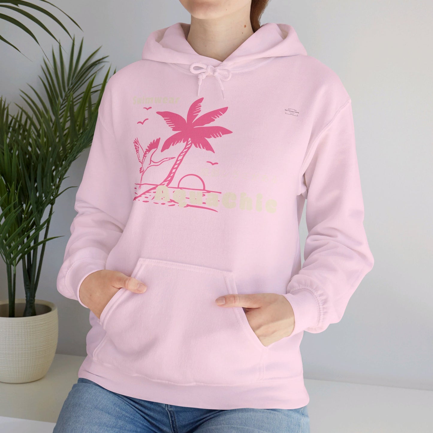 Japanese "I have genital lice" (Crabs), Pink Palm Tree Stork - Unisex Heavy Blend Hoodie - Rude Translation Clothing