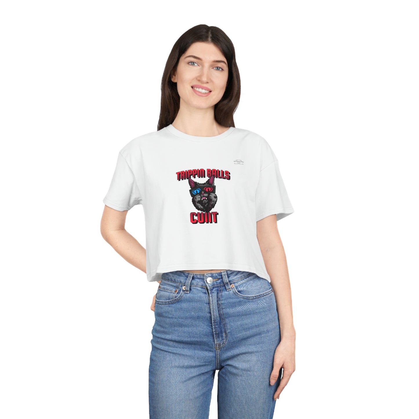 Cat - Women's Crop Tee, English 'Trippin balls cunt' - Rude Translation Clothing