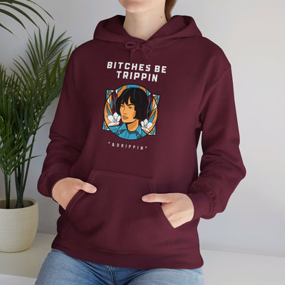 English 'Bitches be trippin & drippin', Woman Short Black Hair - Unisex Heavy Blend Hoodie - Rude Translation Clothing