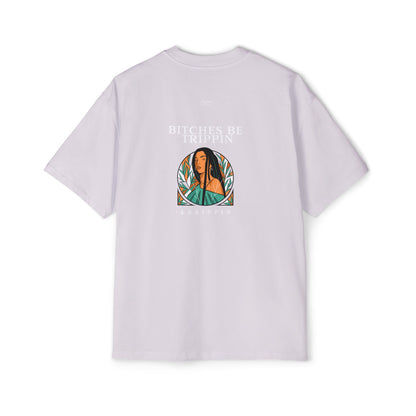 Long hair - Men's Heavy Oversized Tee, English 'Bitches be trippin & drippin' - Rude Translation Clothing