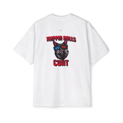 Cat - Men's Heavy Oversized Tee, English 'Trippin balls cunt' - Rude Translation Clothing