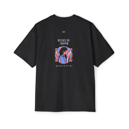 Blue leaves - Men's Heavy Oversized Tee, English 'Bitches be trippin & drippin' - Rude Translation Clothing