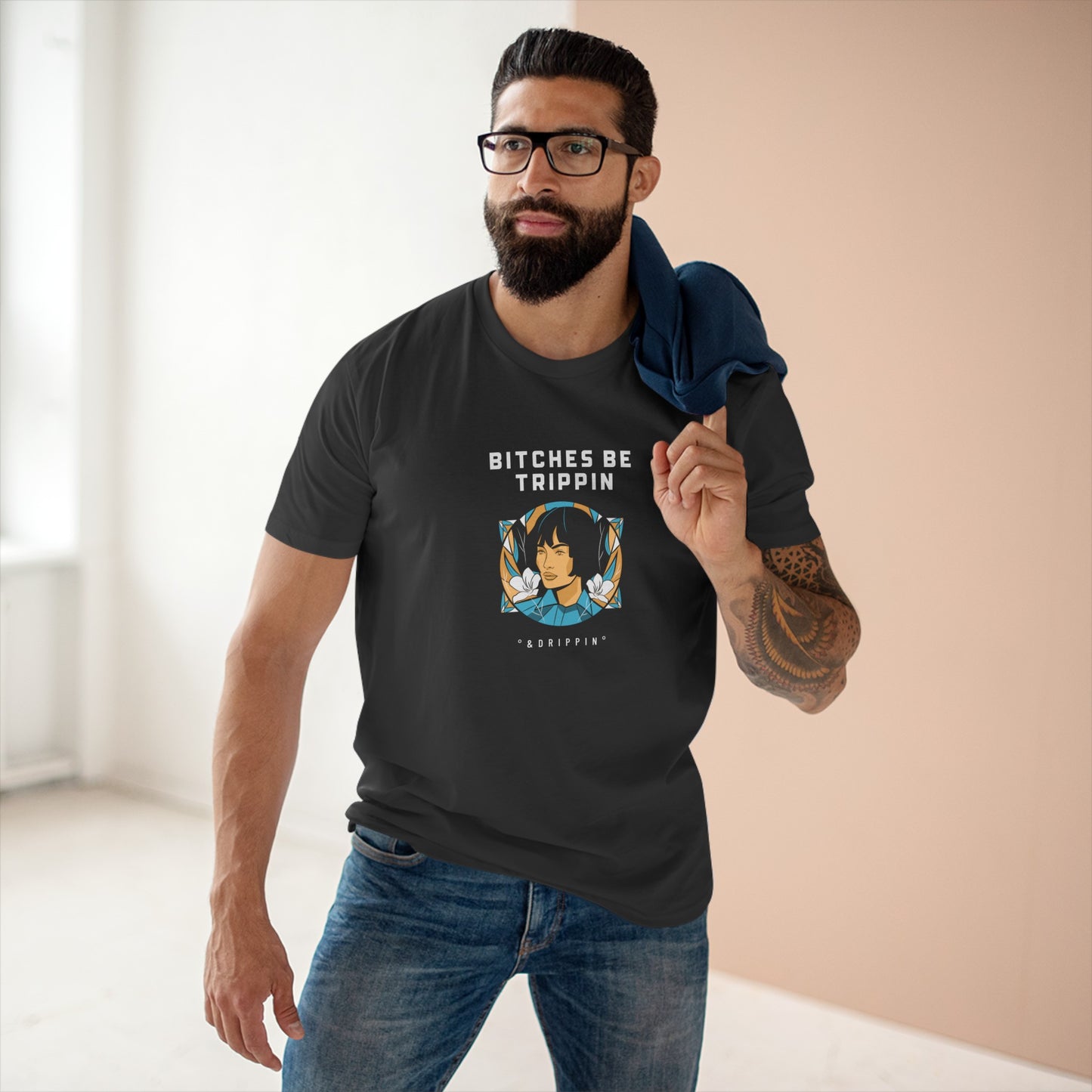 Short hair - Men's Staple Tee, English 'Bitches be trippin & drippin' - Rude Translation Clothing