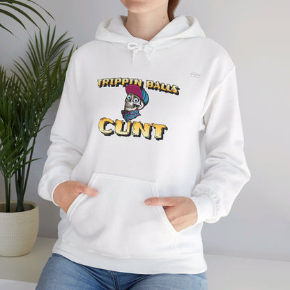 English 'Trippin balls cunt', Skull wearing cap - Unisex Heavy Blend Hoodie - Rude Translation Clothing