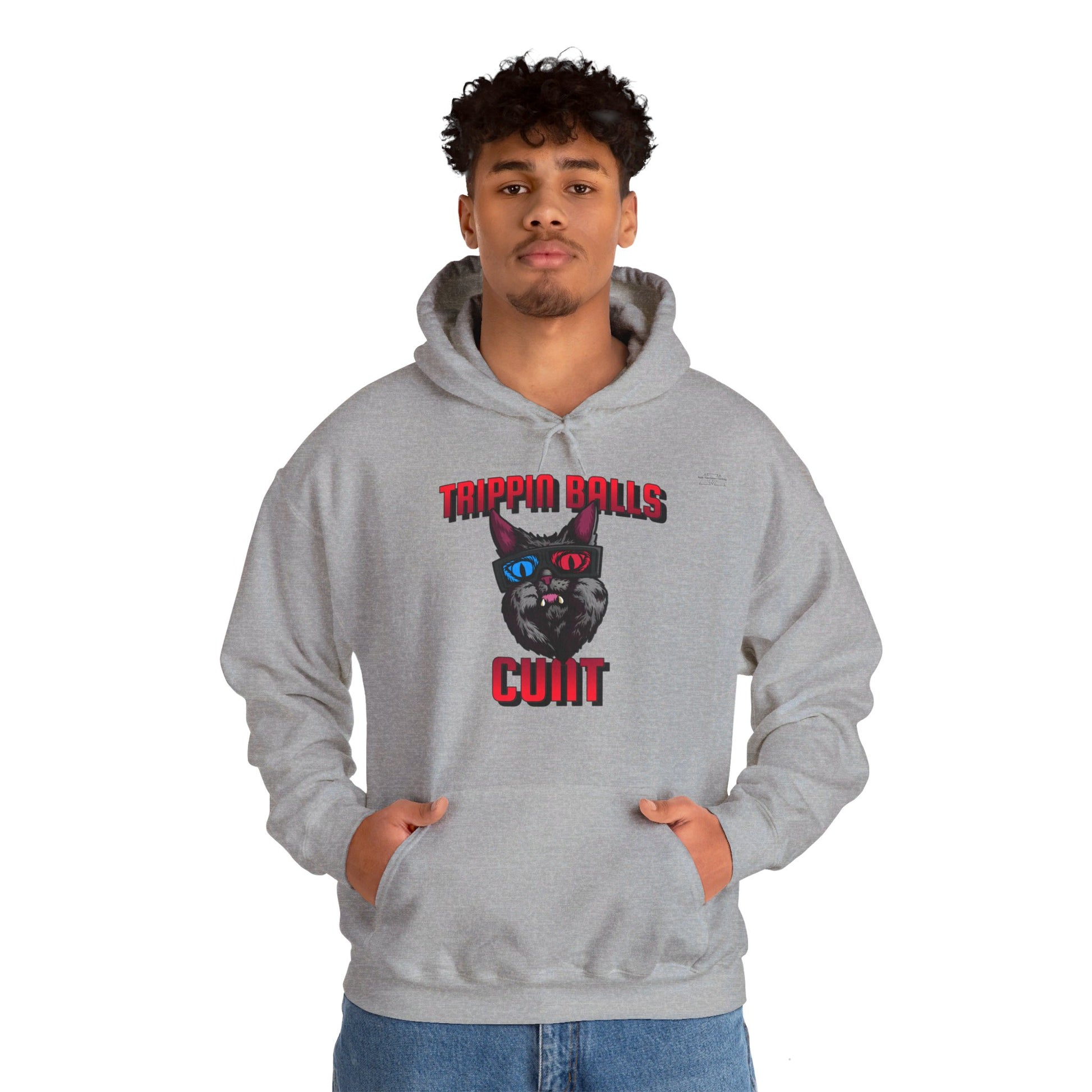 English 'Trippin balls cunt', 3D Glasses Cat - Unisex Heavy Blend Hoodie - Rude Translation Clothing