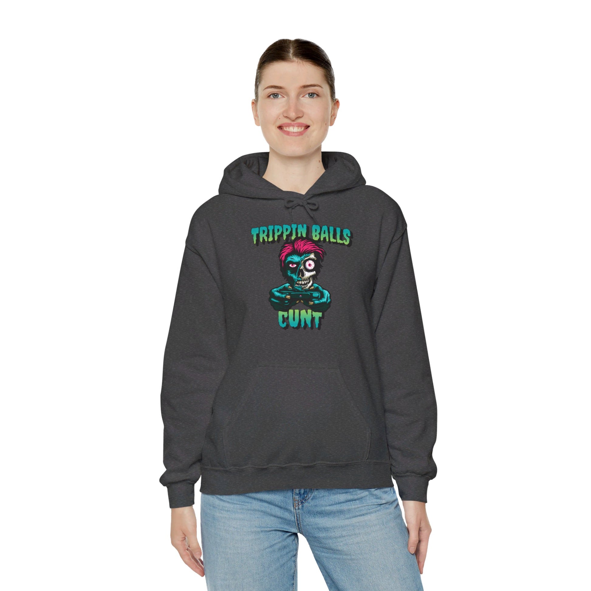 English 'Trippin balls cunt', Gaming Zombie Skull - Unisex Heavy Blend Hoodie - Rude Translation Clothing