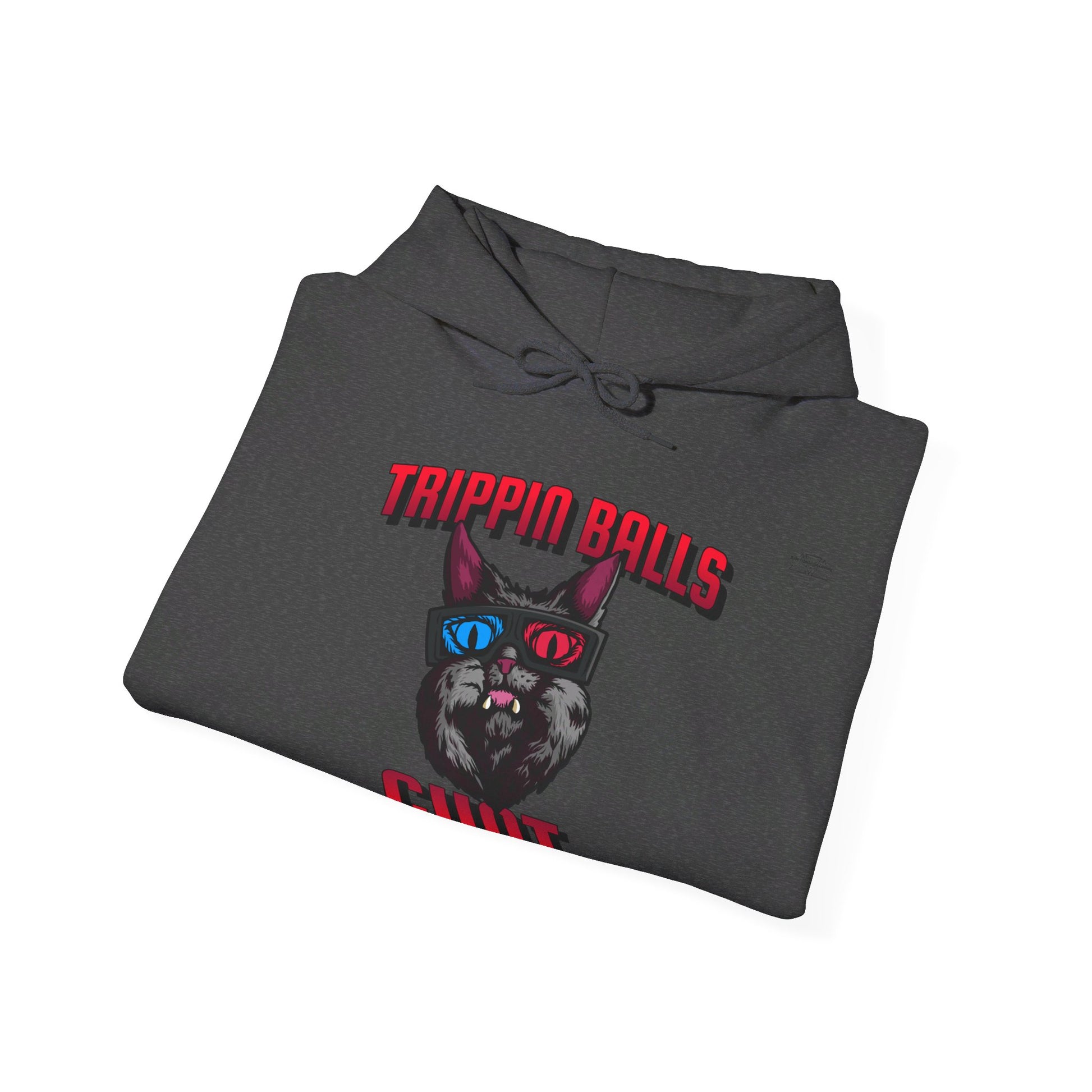 English 'Trippin balls cunt', 3D Glasses Cat - Unisex Heavy Blend Hoodie - Rude Translation Clothing