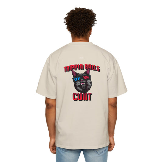 Cat - Men's Heavy Oversized Tee, English 'Trippin balls cunt' - Rude Translation Clothing