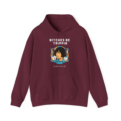 English 'Bitches be trippin & drippin', Woman Short Black Hair - Unisex Heavy Blend Hoodie - Rude Translation Clothing