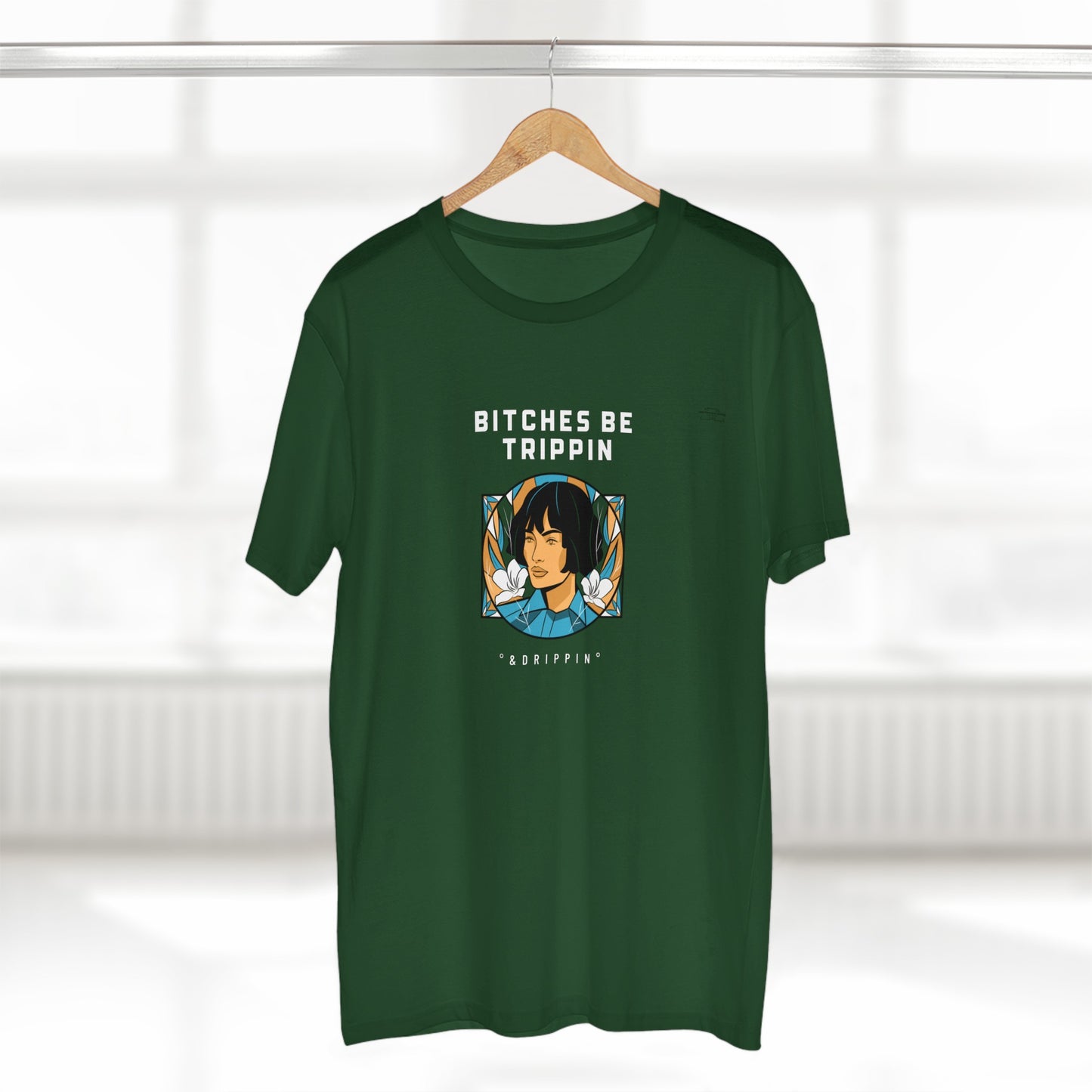 Short hair - Men's Staple Tee, English 'Bitches be trippin & drippin' - Rude Translation Clothing