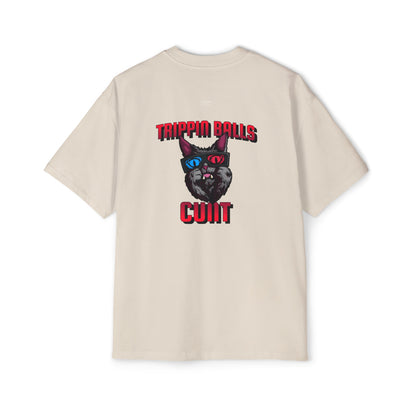 Cat - Men's Heavy Oversized Tee, English 'Trippin balls cunt' - Rude Translation Clothing