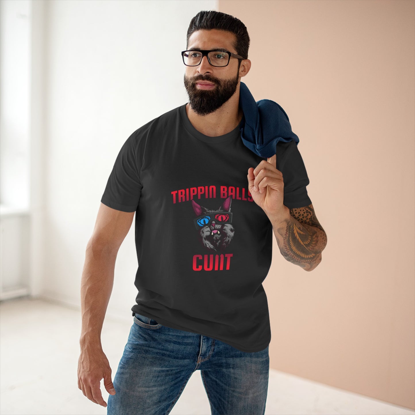 Cat - Men's Staple Tee, English 'Trippin balls cunt' - Rude Translation Clothing