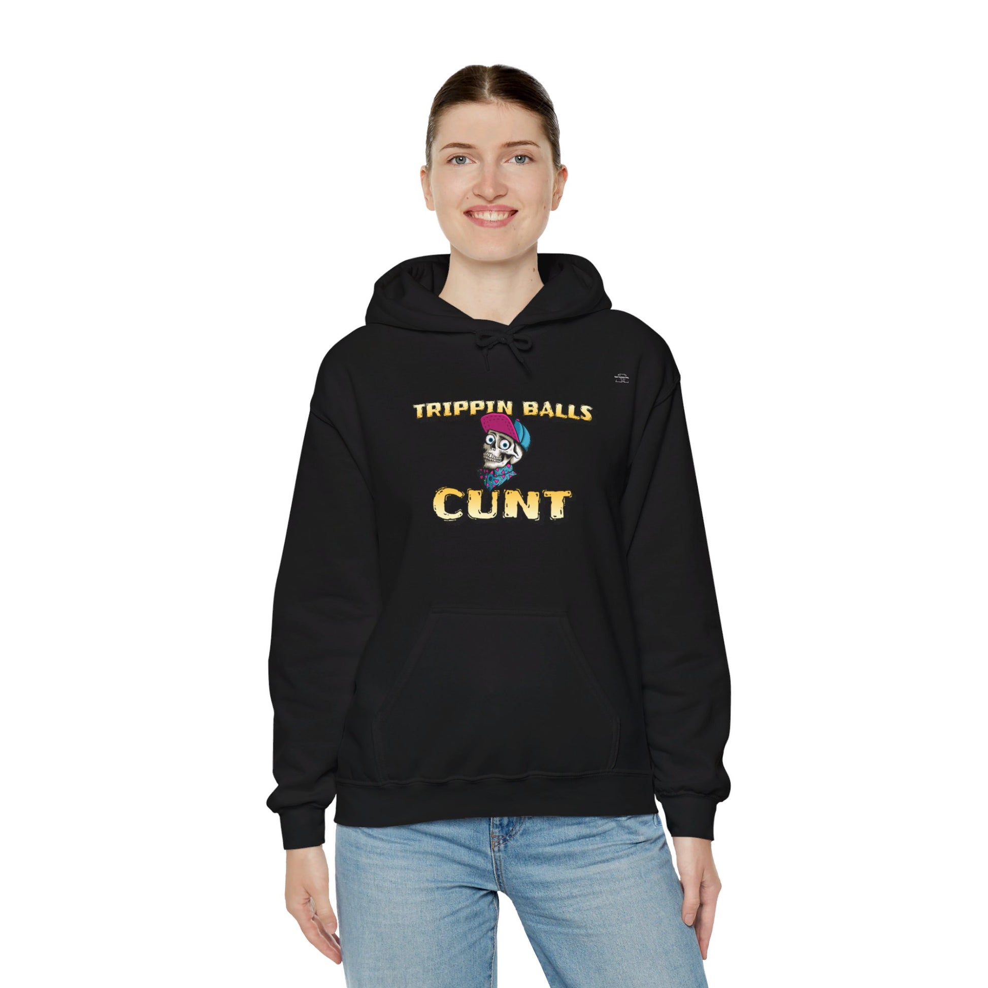 English 'Trippin balls cunt', Skull wearing cap - Unisex Heavy Blend Hoodie - Rude Translation Clothing