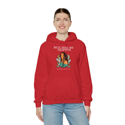 English 'Bitches be trippin & drippin', Native Woman Long hair - Unisex Heavy Blend Hoodie - Rude Translation Clothing