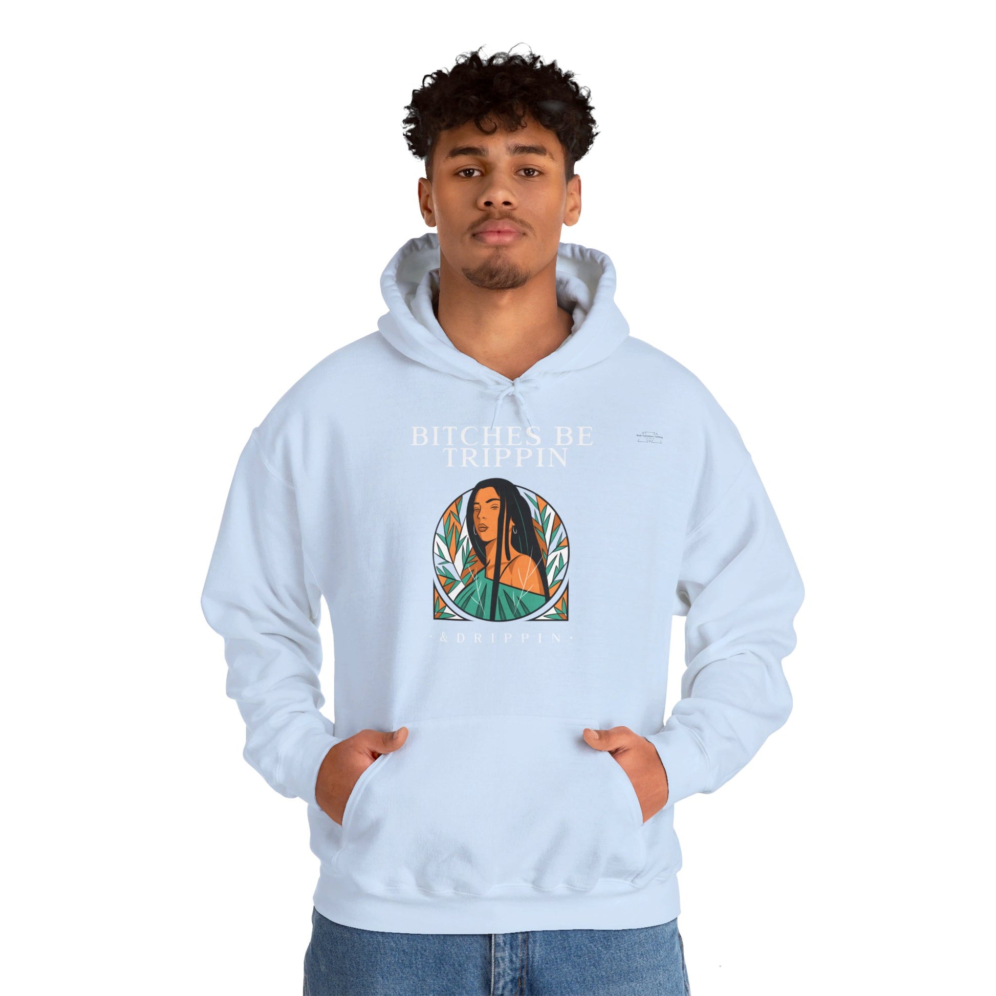 English 'Bitches be trippin & drippin', Native Woman Long hair - Unisex Heavy Blend Hoodie - Rude Translation Clothing