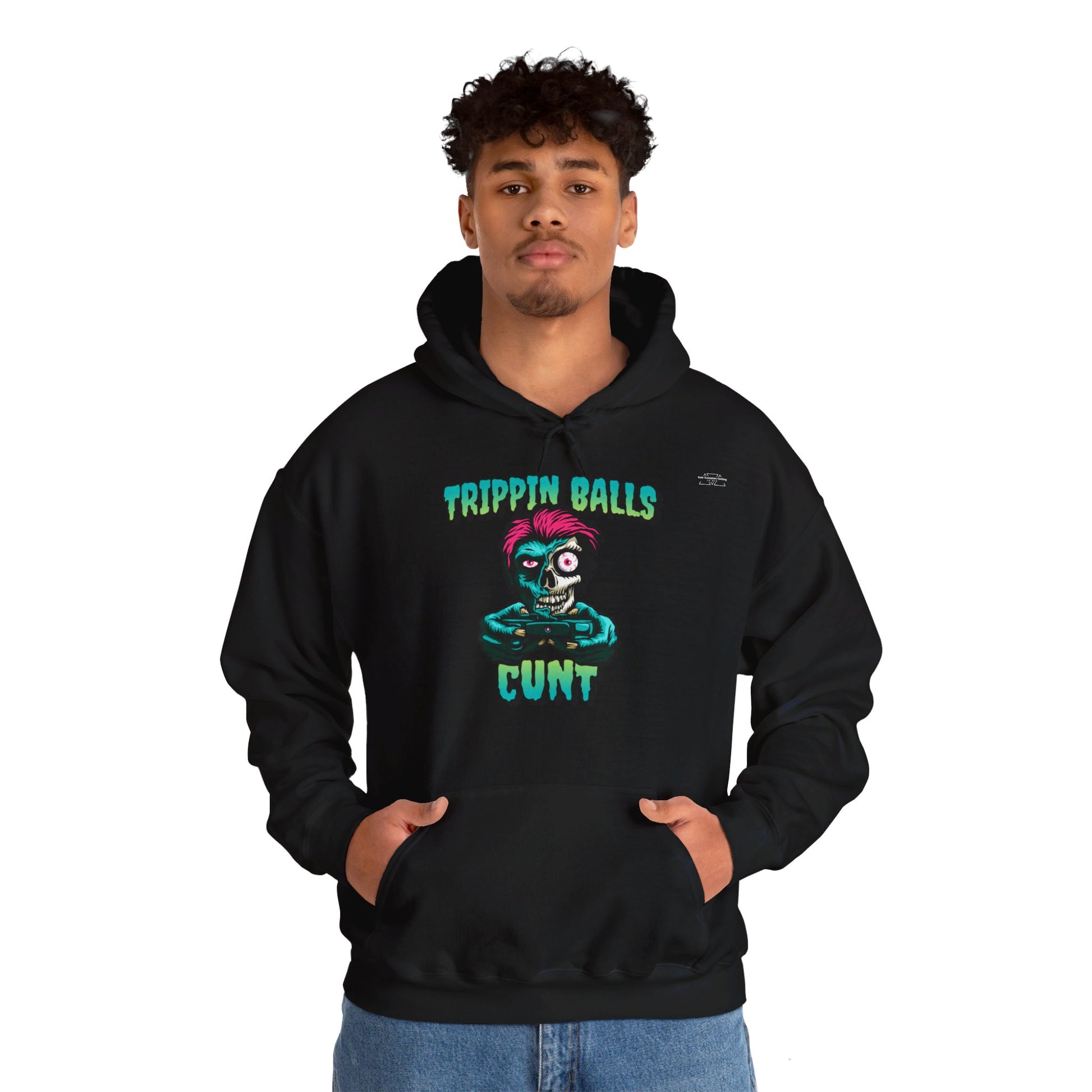 English 'Trippin balls cunt', Gaming Zombie Skull - Unisex Heavy Blend Hoodie - Rude Translation Clothing