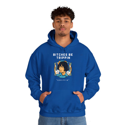 English 'Bitches be trippin & drippin', Woman Short Black Hair - Unisex Heavy Blend Hoodie - Rude Translation Clothing