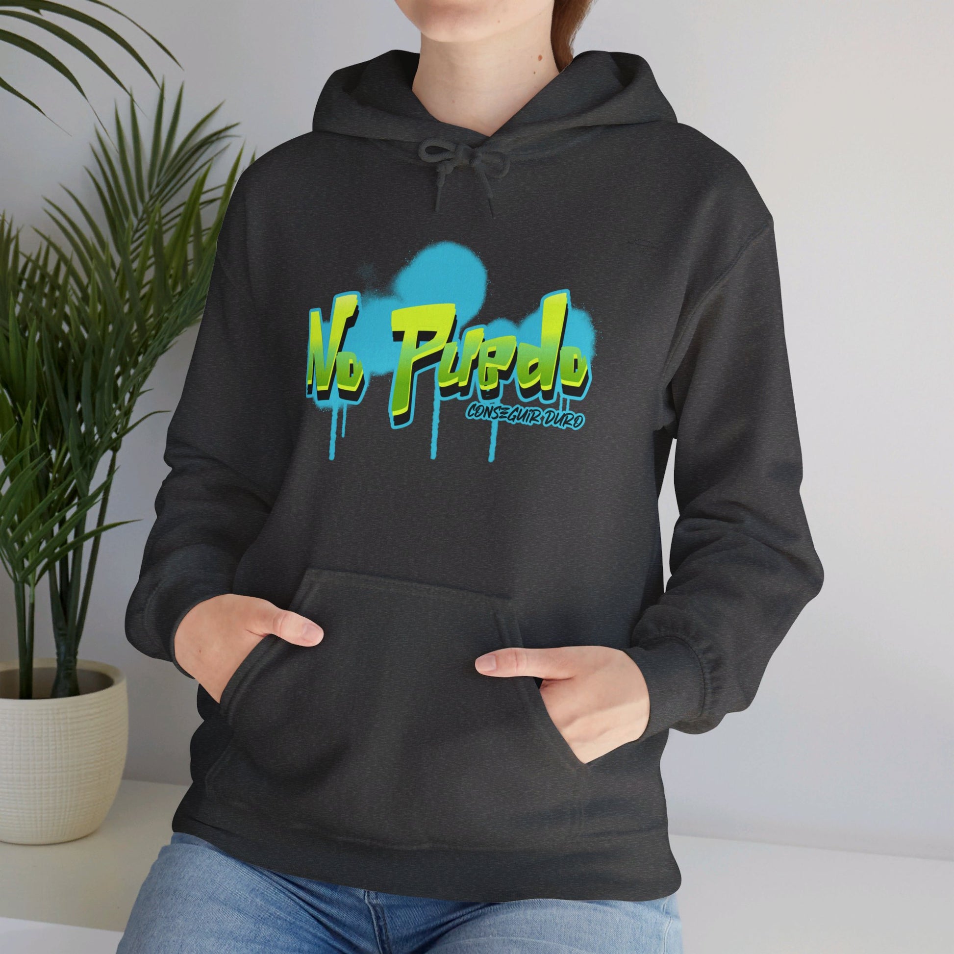 Spanish 'I can't get hard', Green Graffiti - Unisex Heavy Blend Hoodie - Rude Translation Clothing