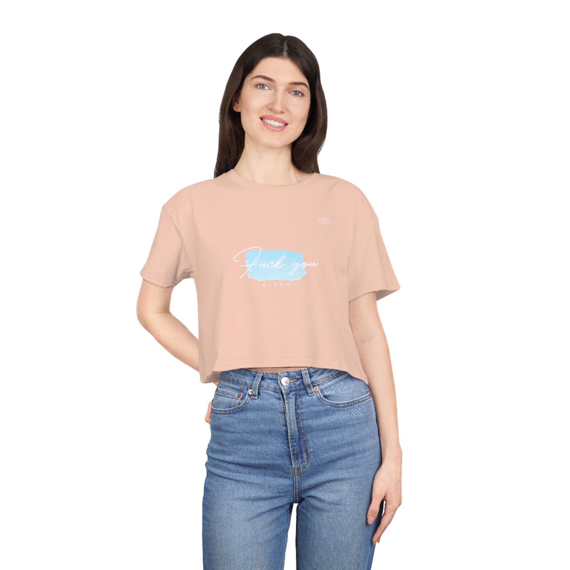 Blue - Women's Crop Tee, English 'Fuck you bitch' - Rude Translation Clothing