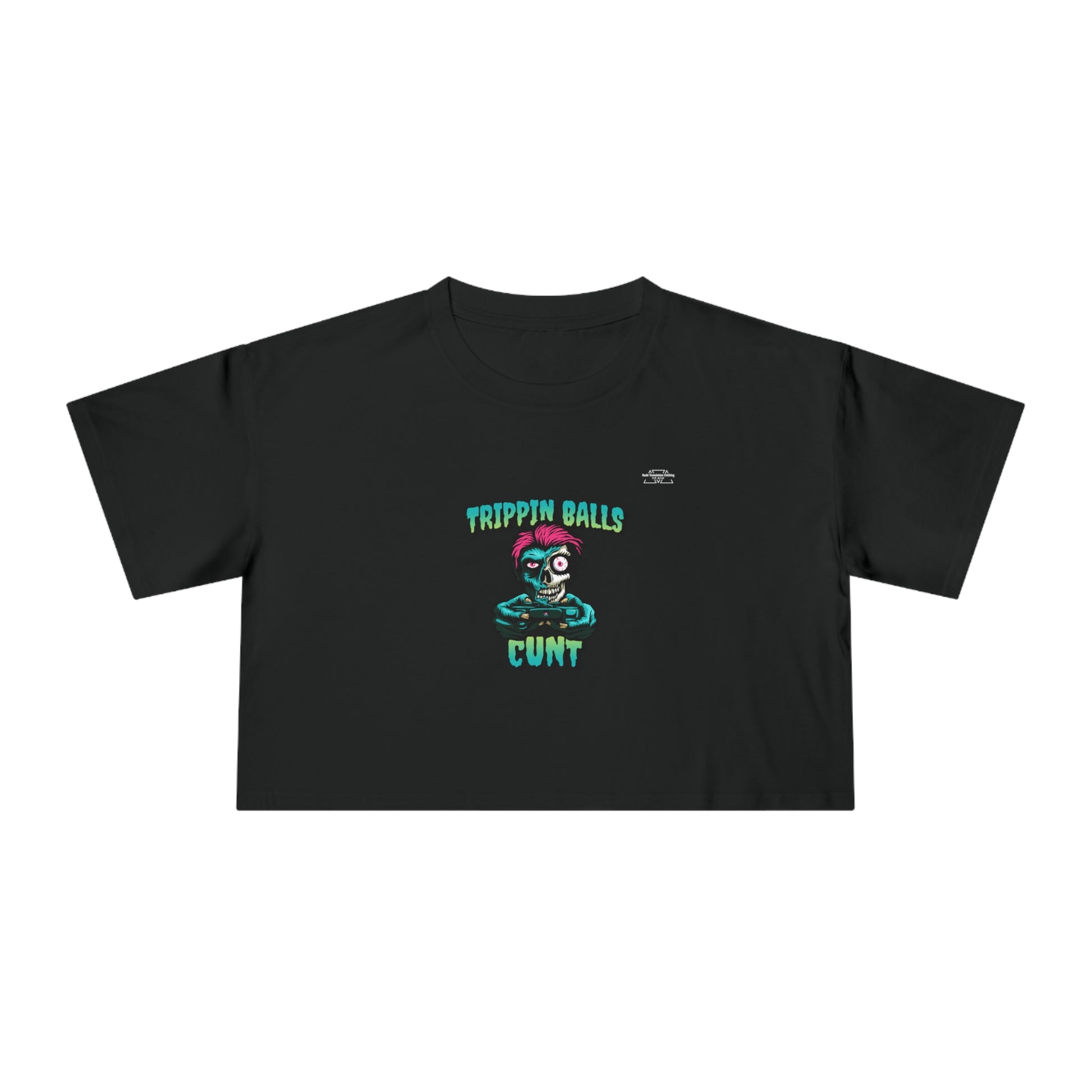 Skull - Women's Crop Tee, English 'Trippin balls cunt' - Rude Translation Clothing