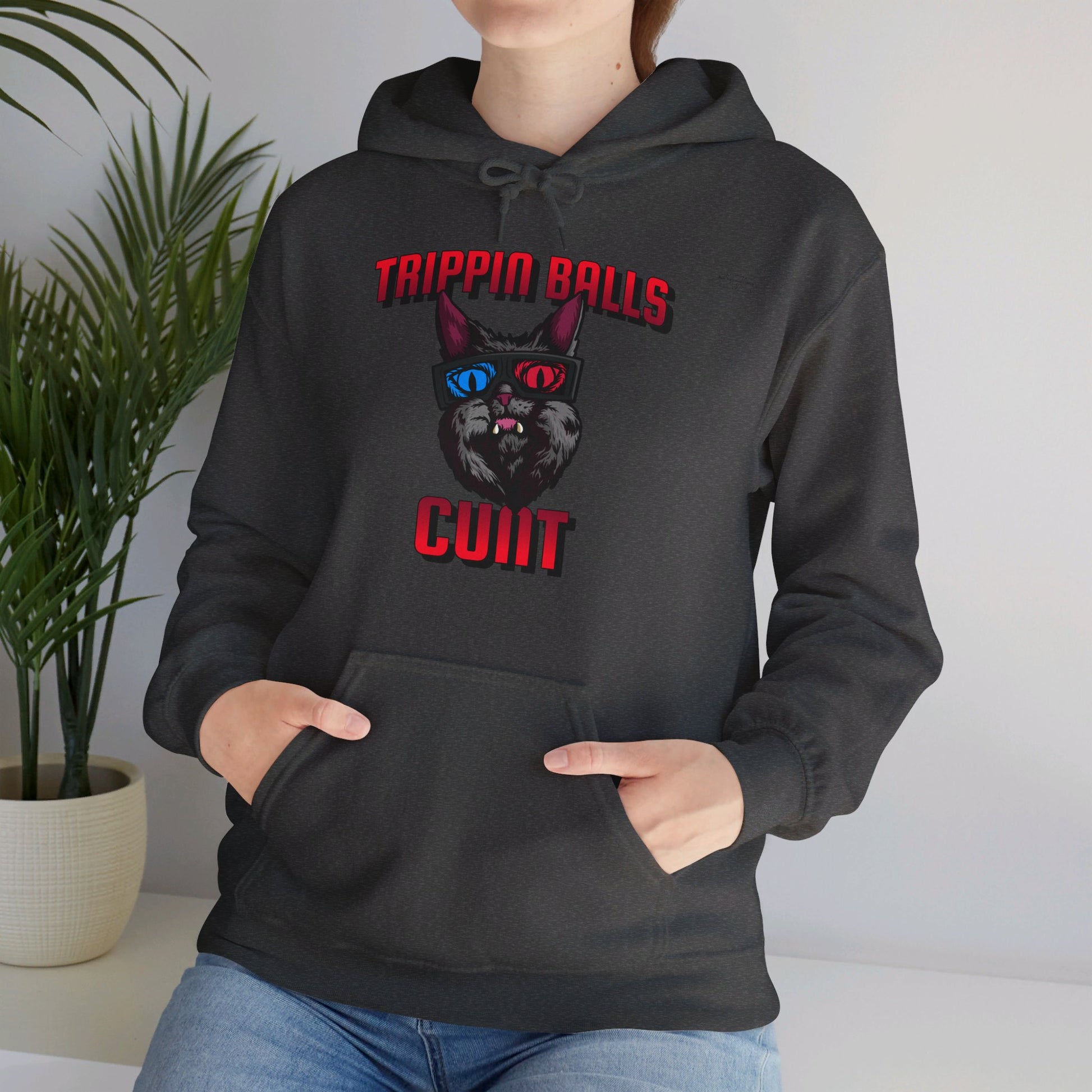 English 'Trippin balls cunt', 3D Glasses Cat - Unisex Heavy Blend Hoodie - Rude Translation Clothing