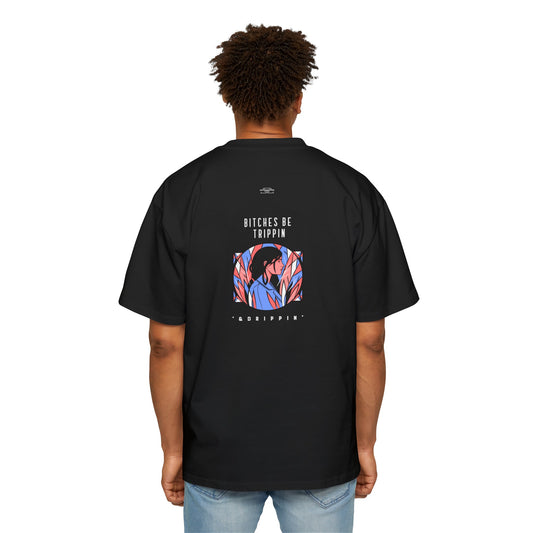 Blue leaves - Men's Heavy Oversized Tee, English 'Bitches be trippin & drippin' - Rude Translation Clothing