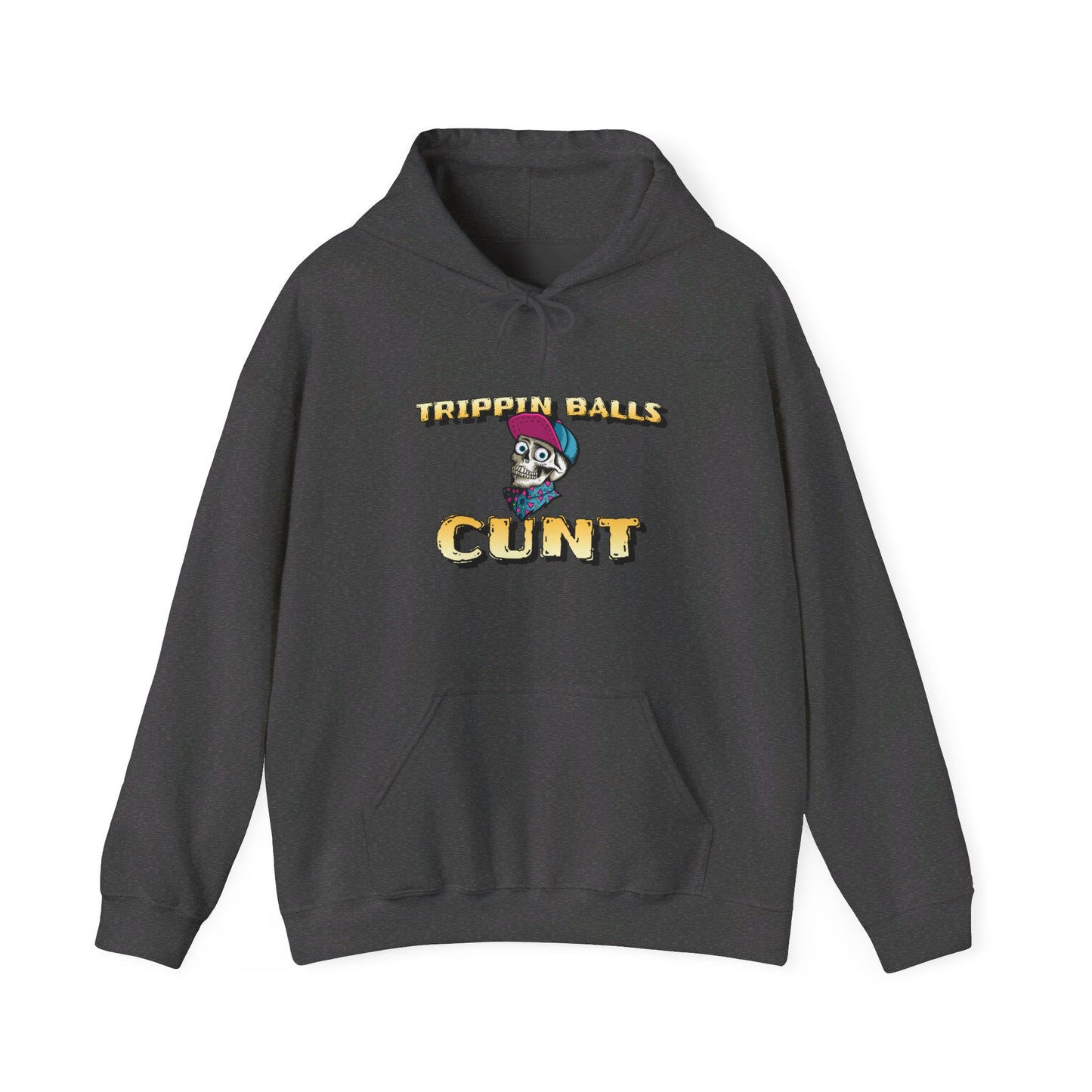 English 'Trippin balls cunt', Skull wearing cap - Unisex Heavy Blend Hoodie - Rude Translation Clothing