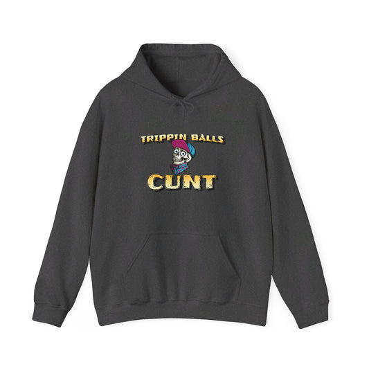 English 'Trippin balls cunt', Skull wearing cap - Unisex Heavy Blend Hoodie - Rude Translation Clothing