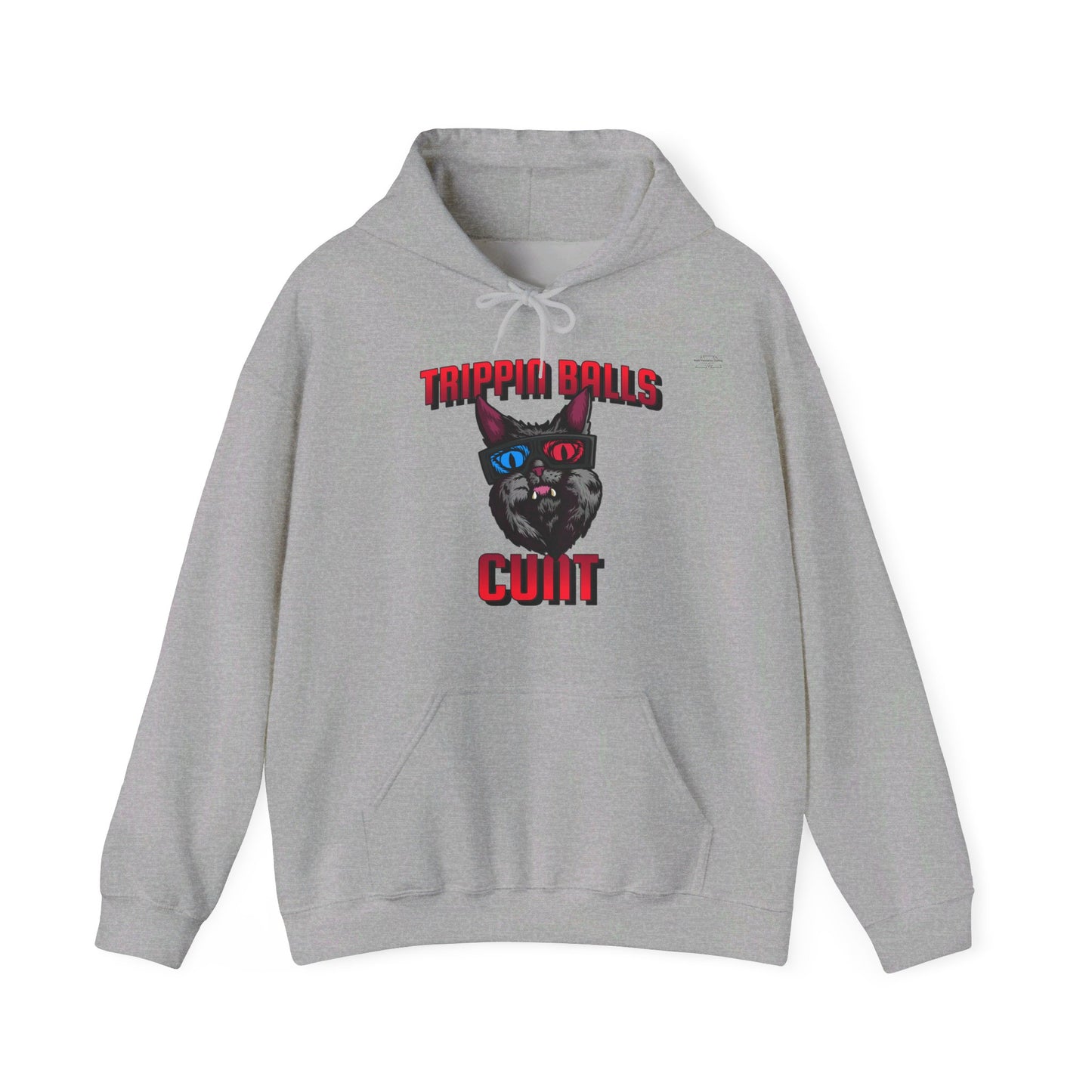 English 'Trippin balls cunt', 3D Glasses Cat - Unisex Heavy Blend Hoodie - Rude Translation Clothing