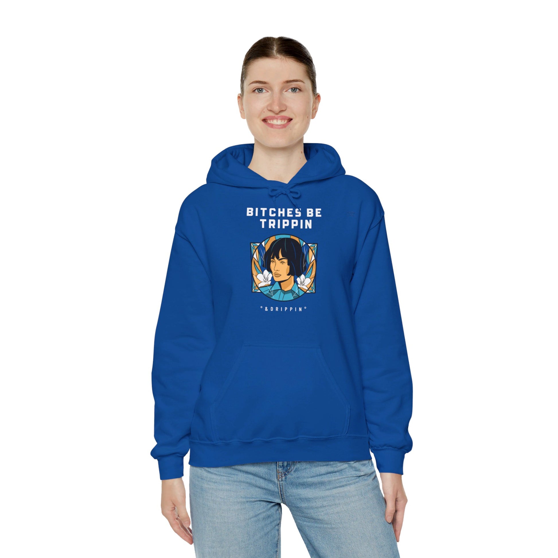 English 'Bitches be trippin & drippin', Woman Short Black Hair - Unisex Heavy Blend Hoodie - Rude Translation Clothing