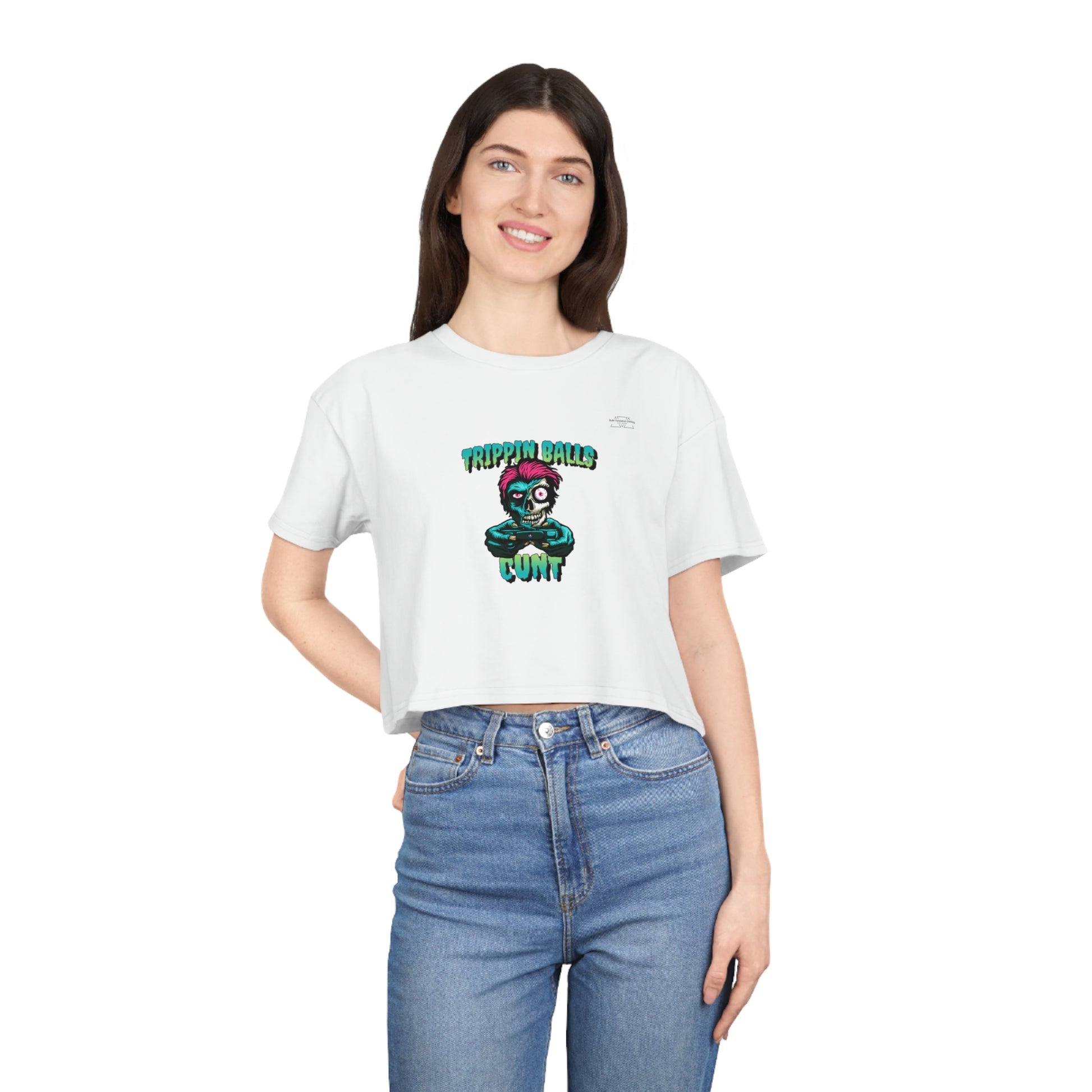 Skull - Women's Crop Tee, English 'Trippin balls cunt' - Rude Translation Clothing