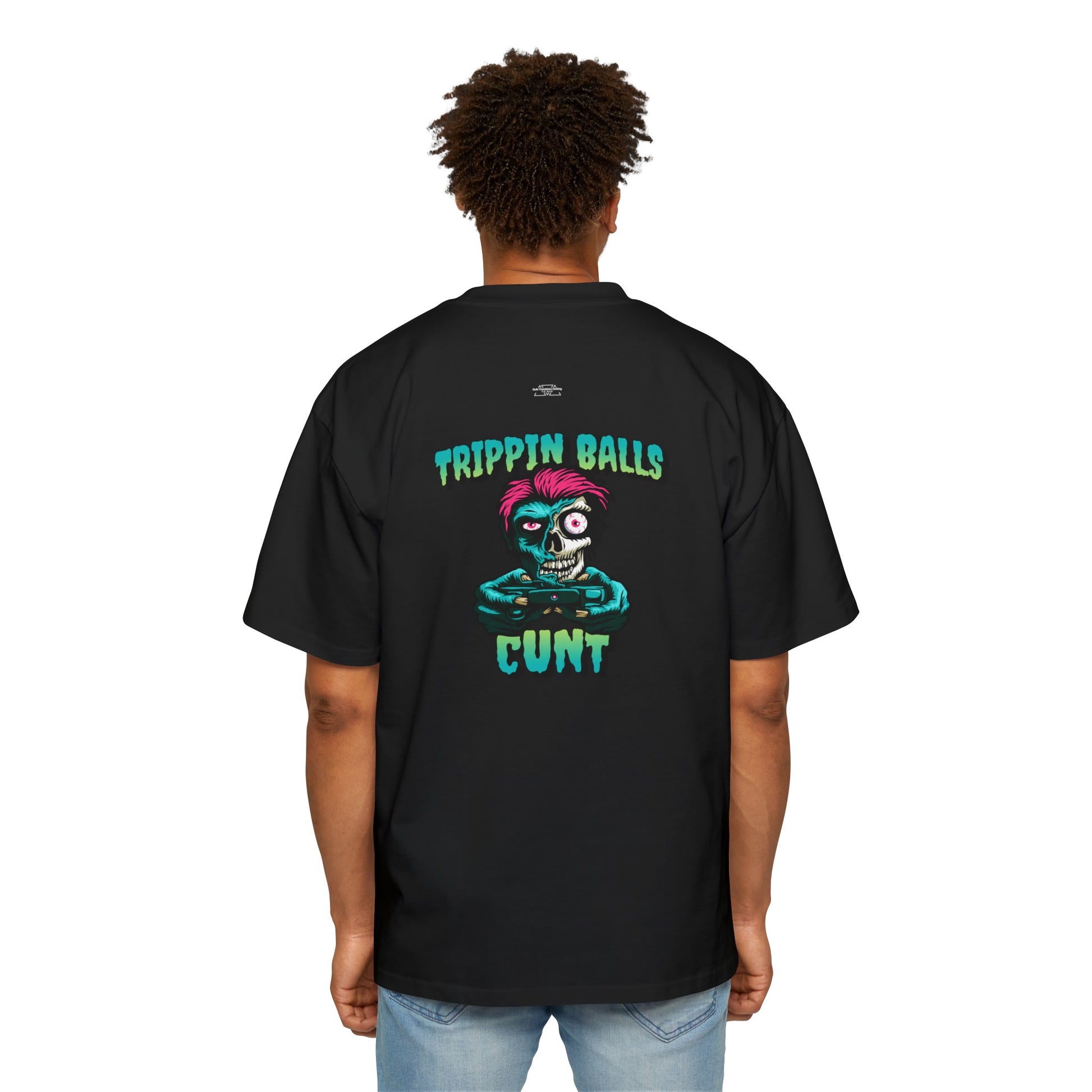 Skull - Men's Heavy Oversized Tee, English 'Trippin balls cunt' - Rude Translation Clothing