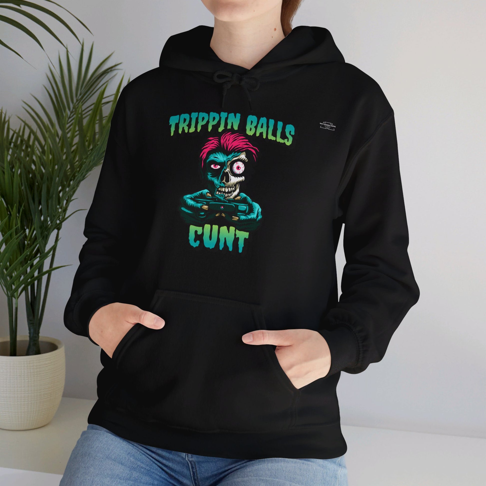 English 'Trippin balls cunt', Gaming Zombie Skull - Unisex Heavy Blend Hoodie - Rude Translation Clothing