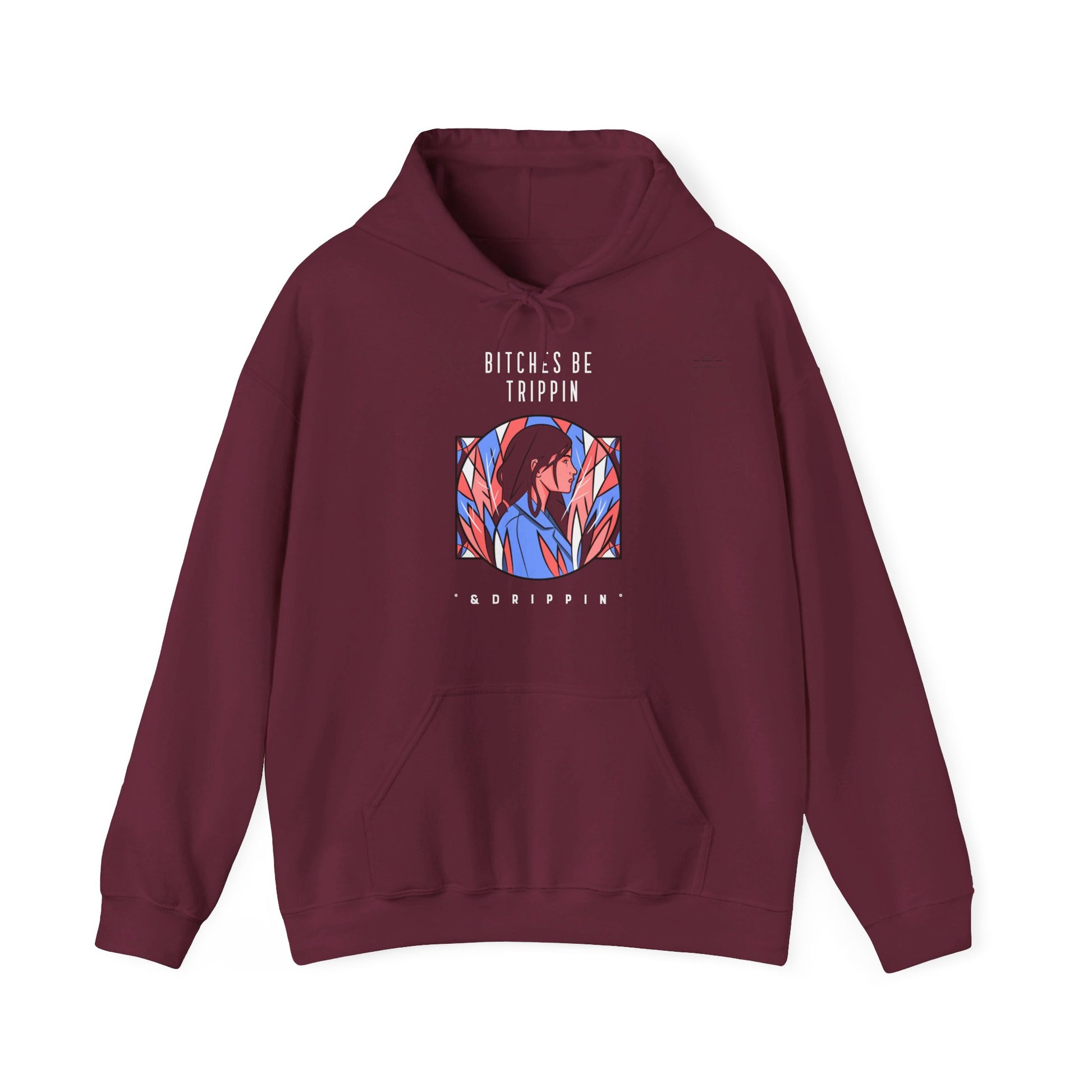 English 'Bitches be trippin & drippin', Woman Blue Leaves - Unisex Heavy Blend Hoodie - Rude Translation Clothing