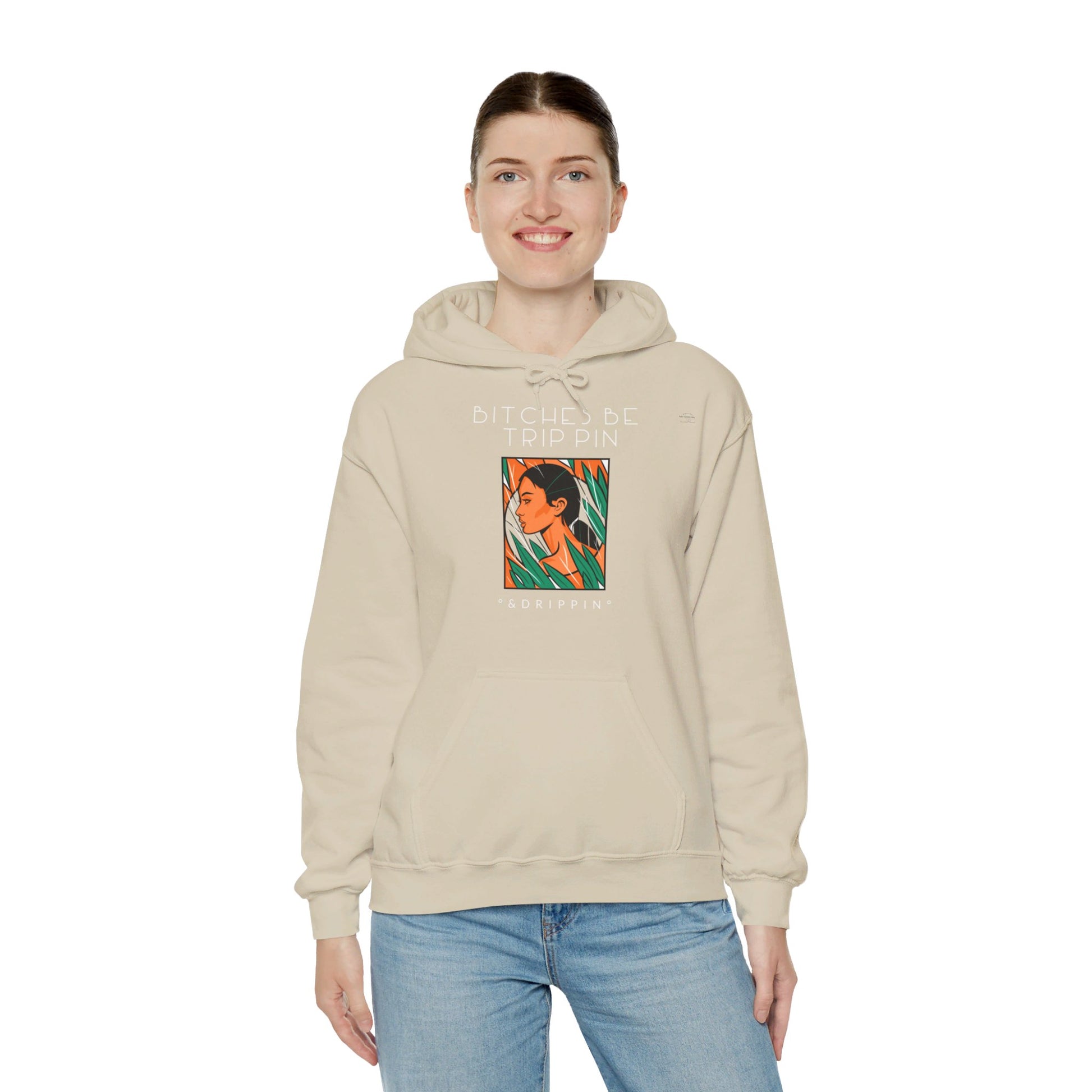 English 'Bitches be trippin & drippin', Native Woman Green Leaves - Unisex Heavy Blend Hoodie - Rude Translation Clothing