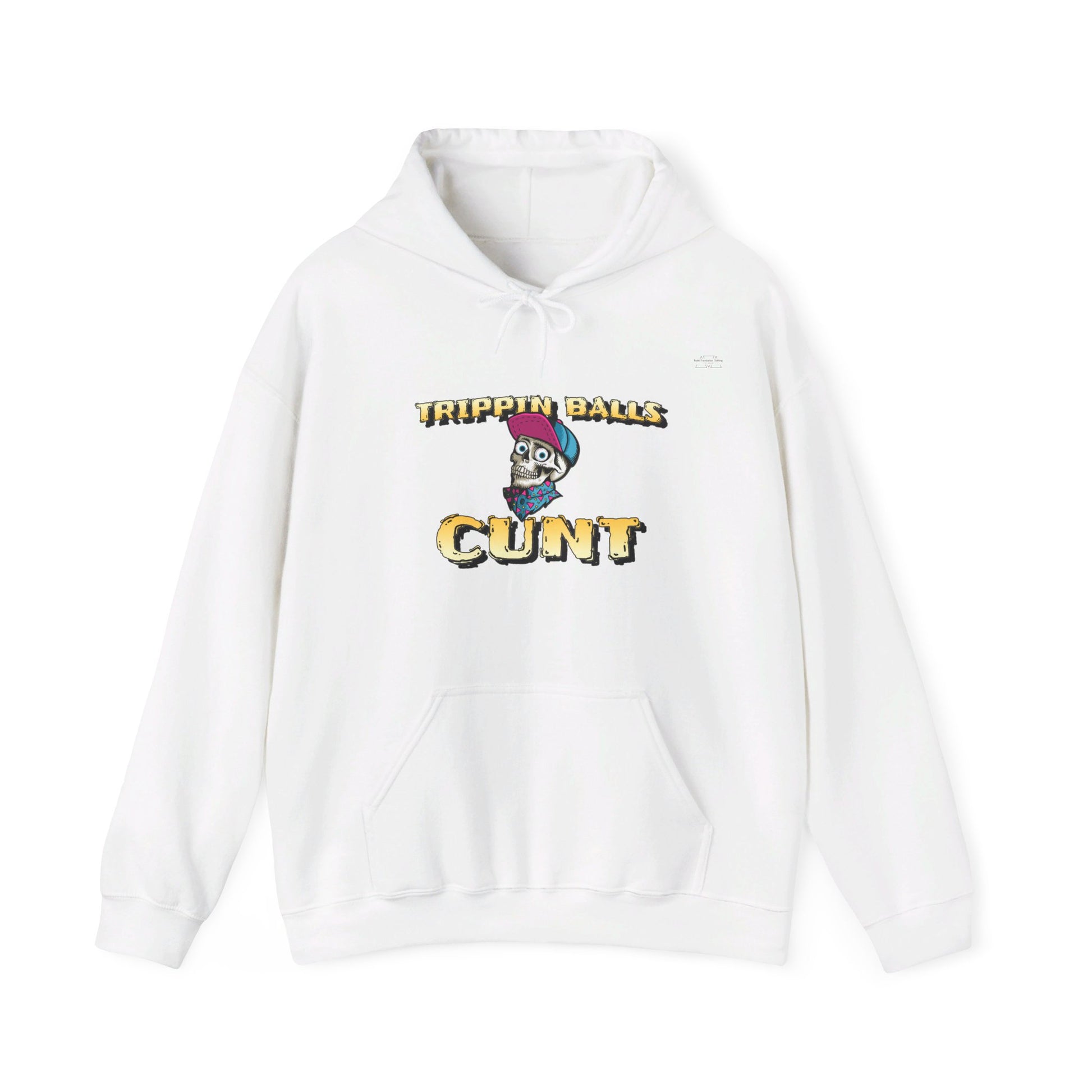 English 'Trippin balls cunt', Skull wearing cap - Unisex Heavy Blend Hoodie - Rude Translation Clothing