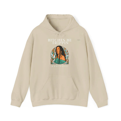 English 'Bitches be trippin & drippin', Native Woman Long hair - Unisex Heavy Blend Hoodie - Rude Translation Clothing