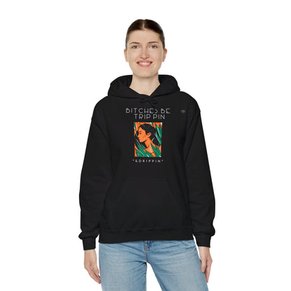 English 'Bitches be trippin & drippin', Native Woman Green Leaves - Unisex Heavy Blend Hoodie - Rude Translation Clothing