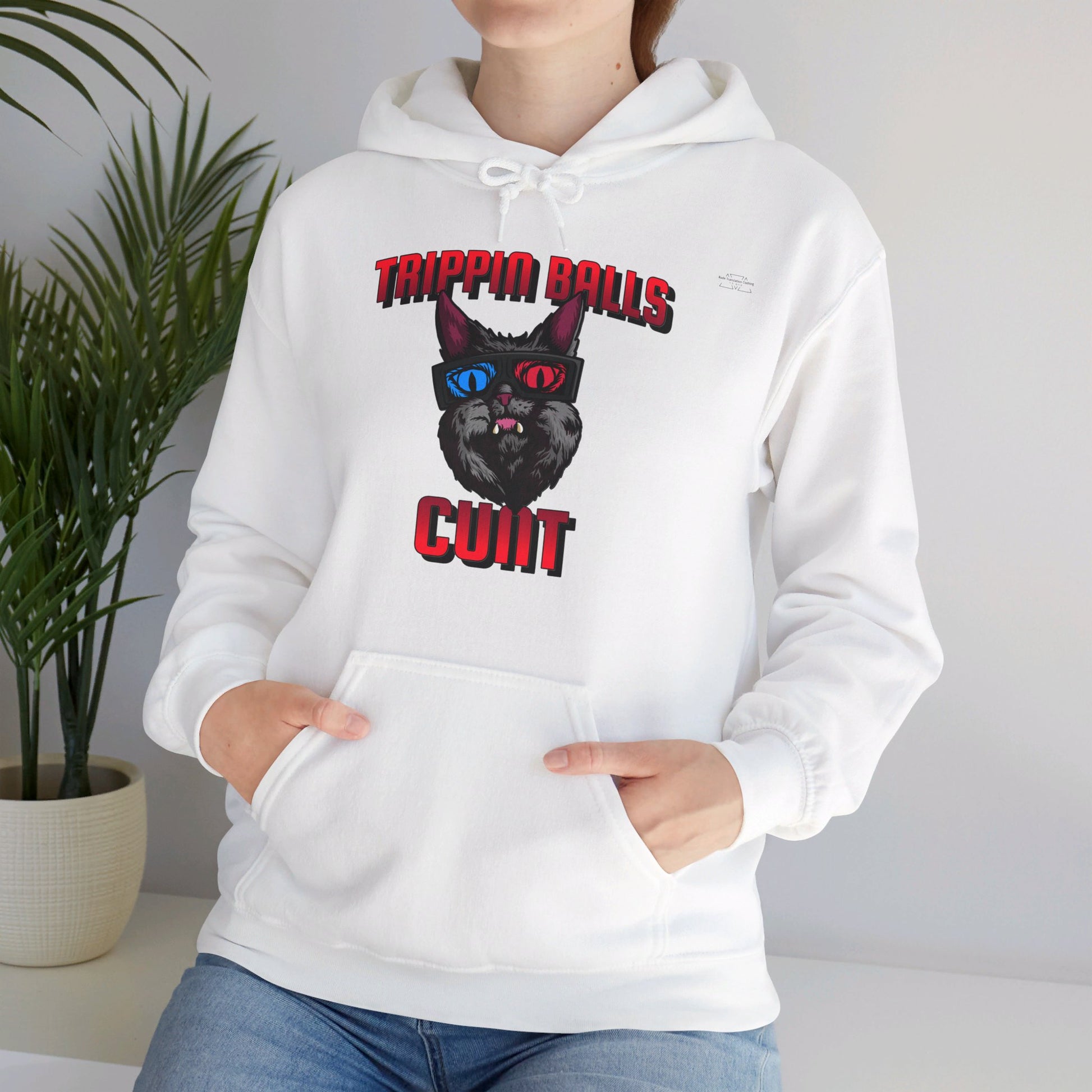 English 'Trippin balls cunt', 3D Glasses Cat - Unisex Heavy Blend Hoodie - Rude Translation Clothing